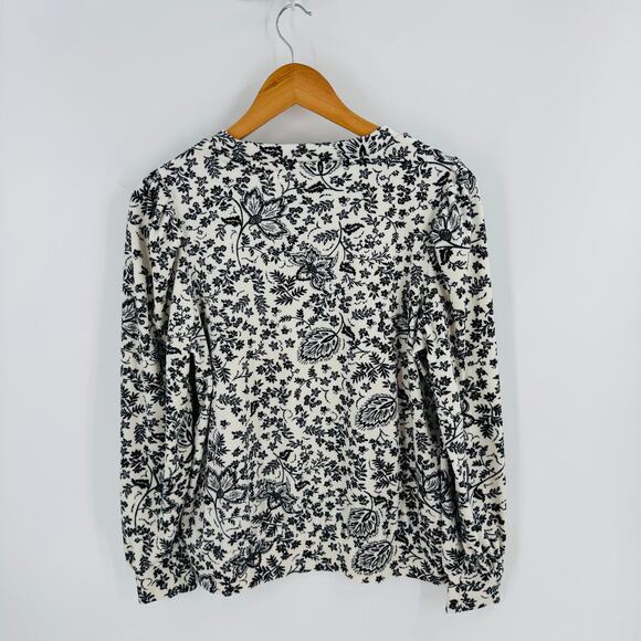 LOFT Black White Floral Velvet Burnout Long Sleeve Blouse Size Small - Picture 2 of 9
